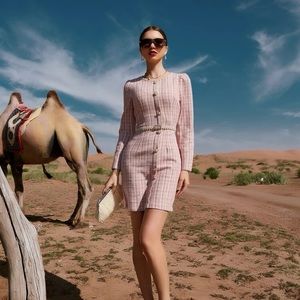 New Light Baby Pink Plaid Tweed Button Long Sleeve Dress Medium M